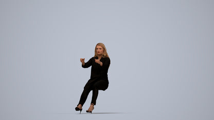 3D human model woman business sitting, photogrammetry scanned person for archviz, top-down view render