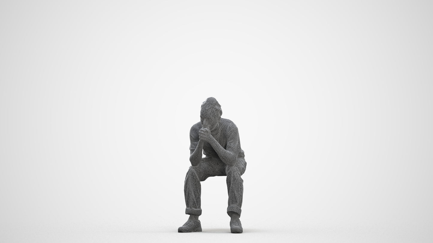 realistic 3D man casual sitting, scanned archviz people for Blender and 3ds Max, three-quarter front view render