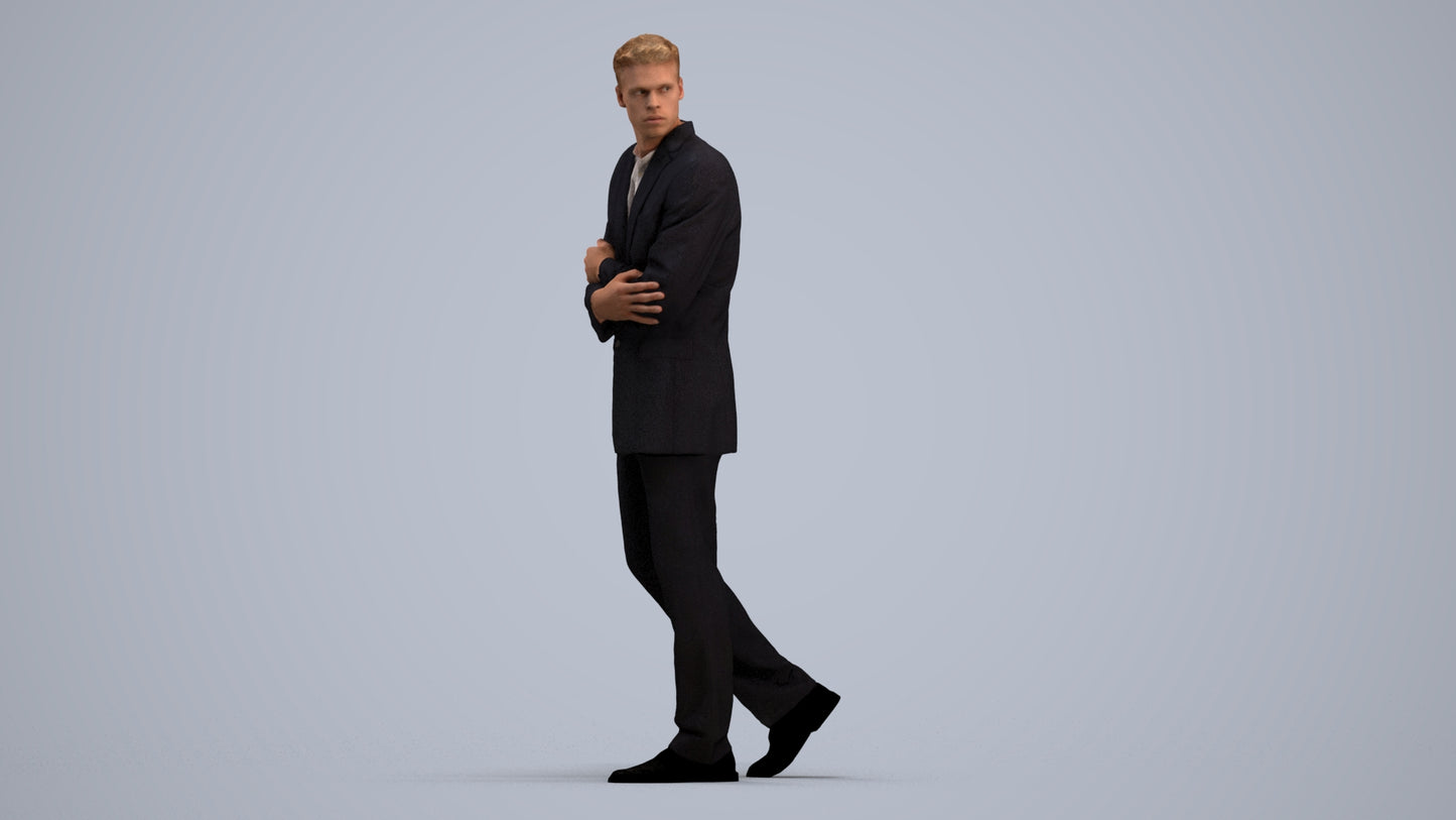 3D human model man business, photogrammetry scanned person for archviz, standing pose render