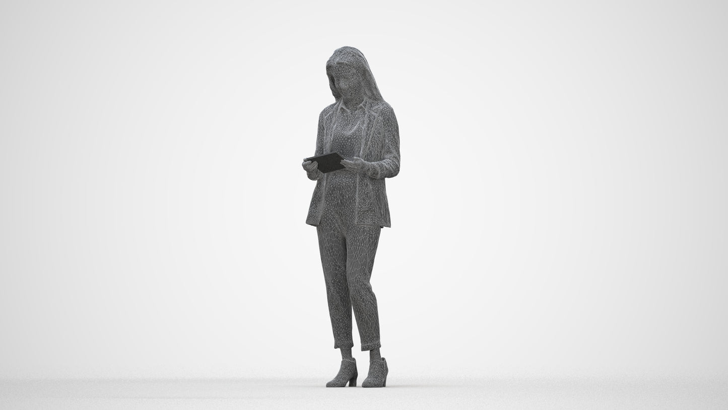 3D human model woman business, photogrammetry scanned person for archviz, wireframe back view