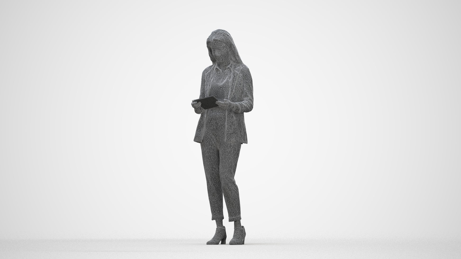 3D human model woman business, photogrammetry scanned person for archviz, wireframe back view