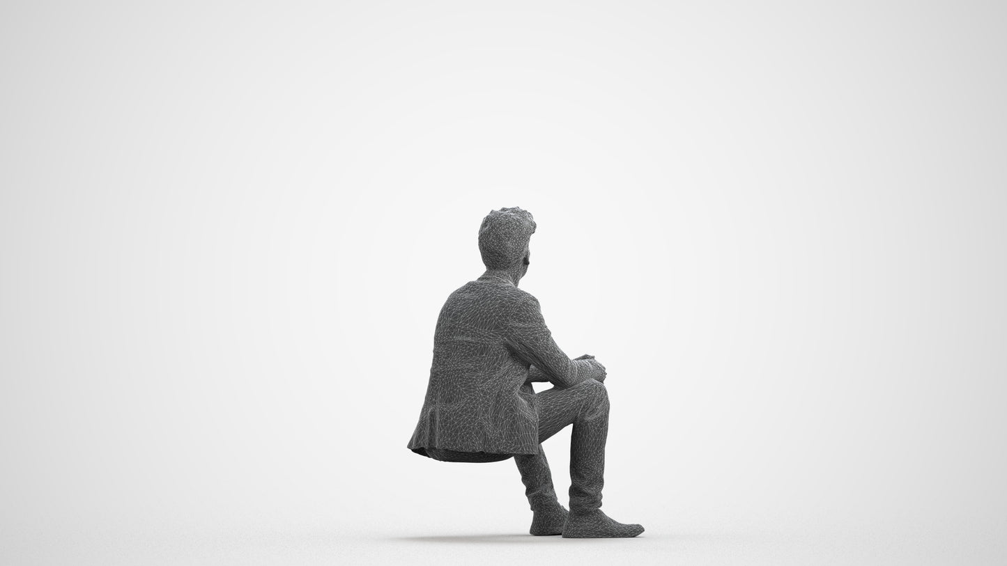 realistic 3D man casual sitting, scanned archviz people for Blender and 3ds Max, wireframe front view