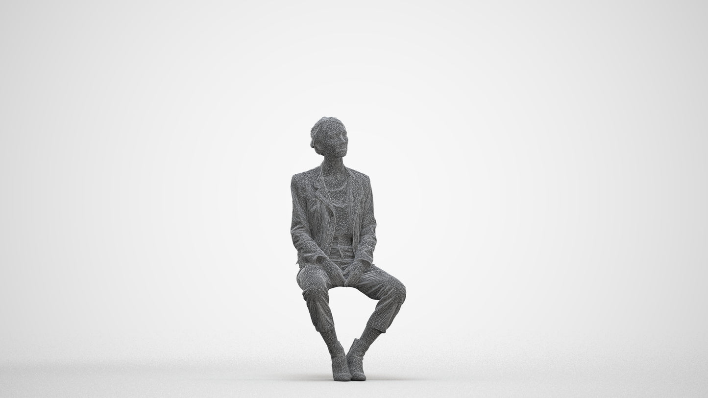scanned 3D woman casual sitting, photogrammetry people for Enscape and V-Ray, three-quarter front view render