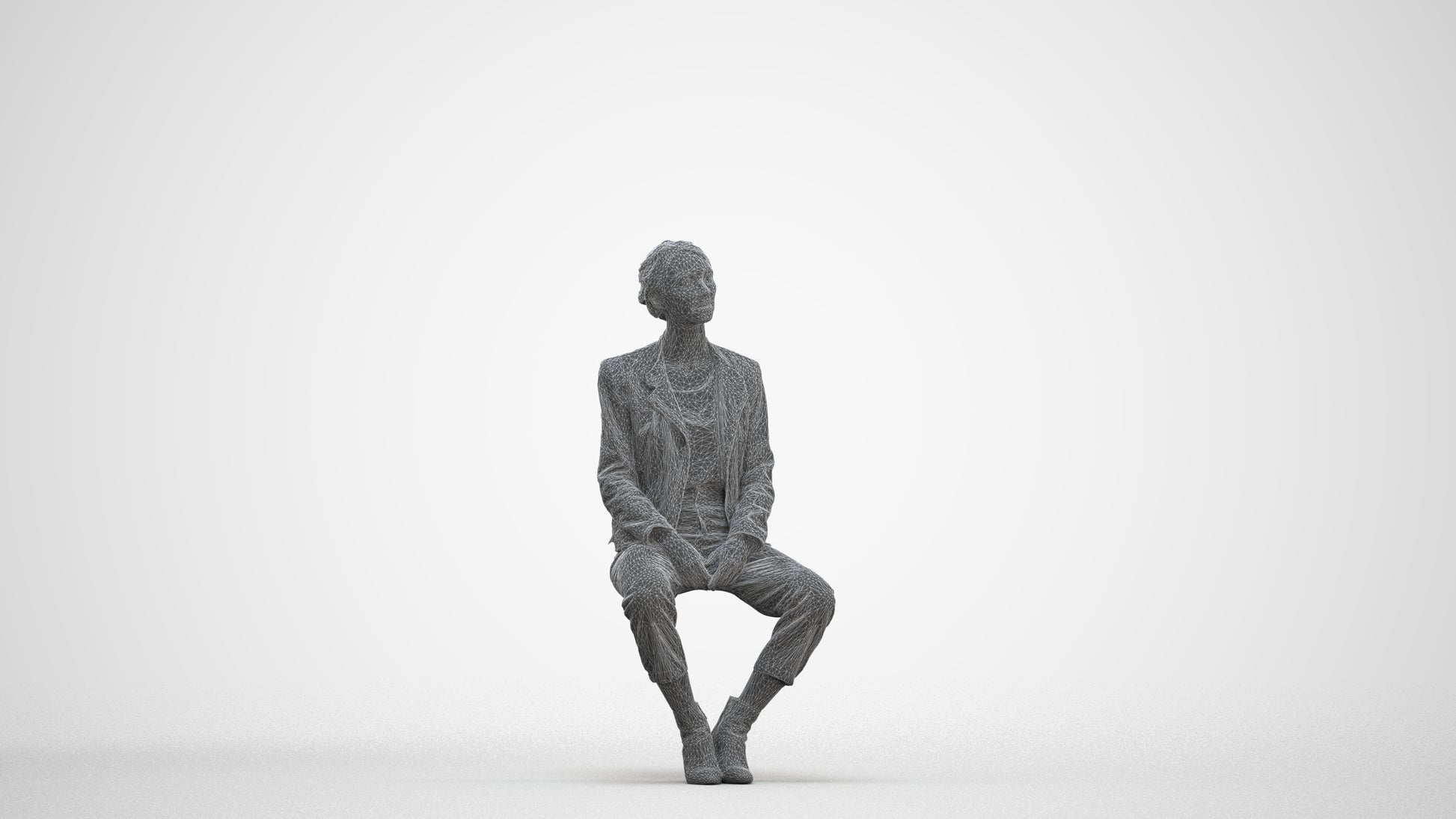 scanned 3D woman casual sitting, photogrammetry people for Enscape and V-Ray, three-quarter front view render