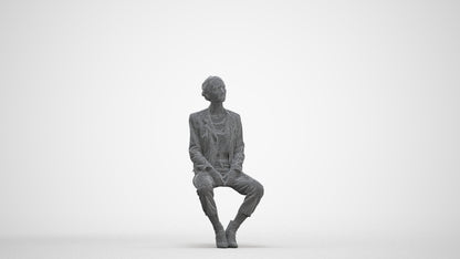 scanned 3D woman casual sitting, photogrammetry people for Enscape and V-Ray, three-quarter front view render