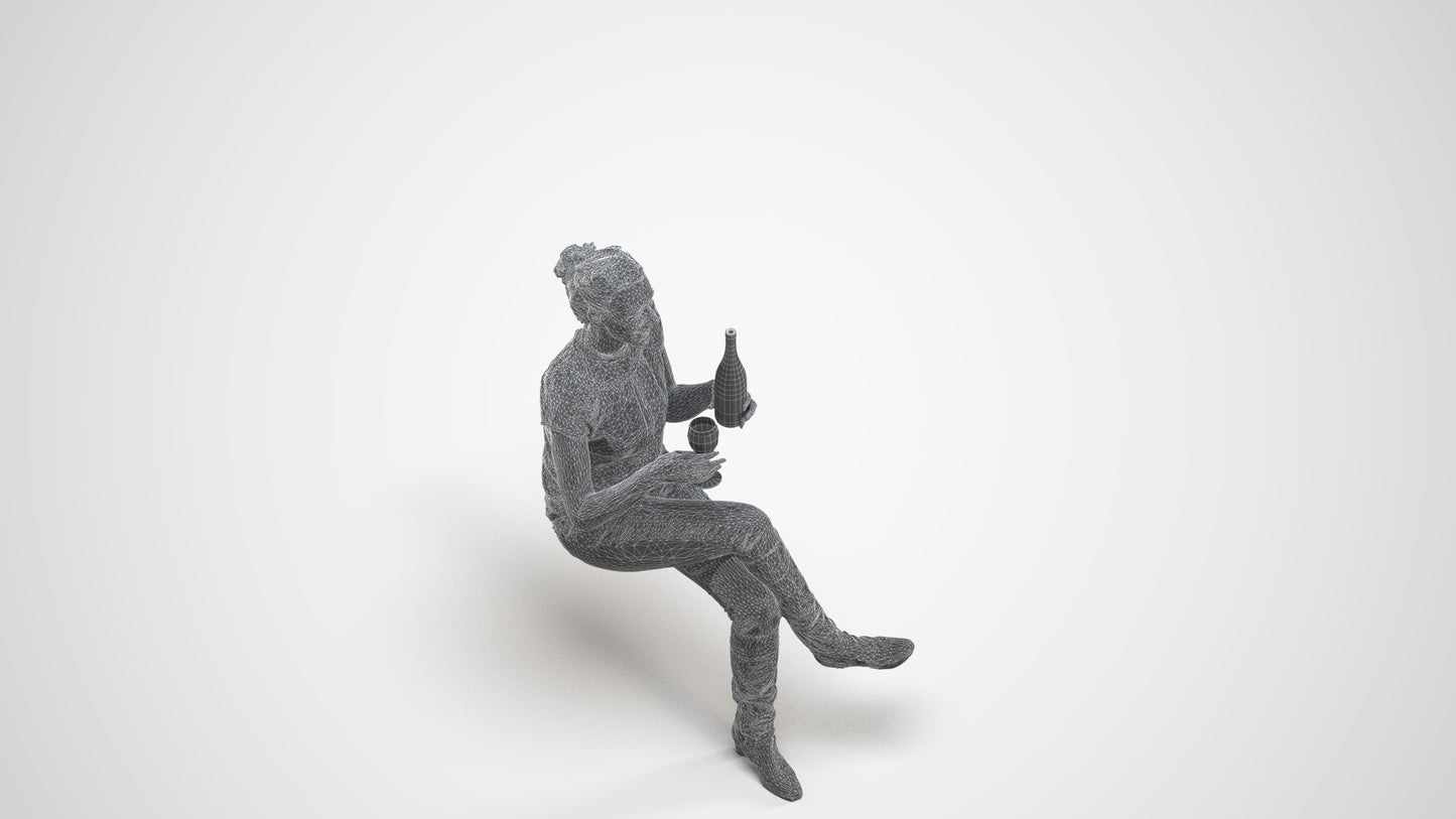 3D human model woman casual sitting, photogrammetry scanned person for archviz, wireframe three-quarter view