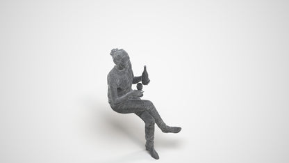 3D human model woman casual sitting, photogrammetry scanned person for archviz, wireframe three-quarter view
