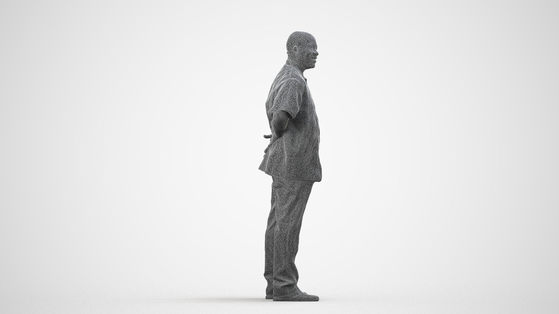 scanned 3D man hospitality, photogrammetry people for Enscape and V-Ray, wireframe side view