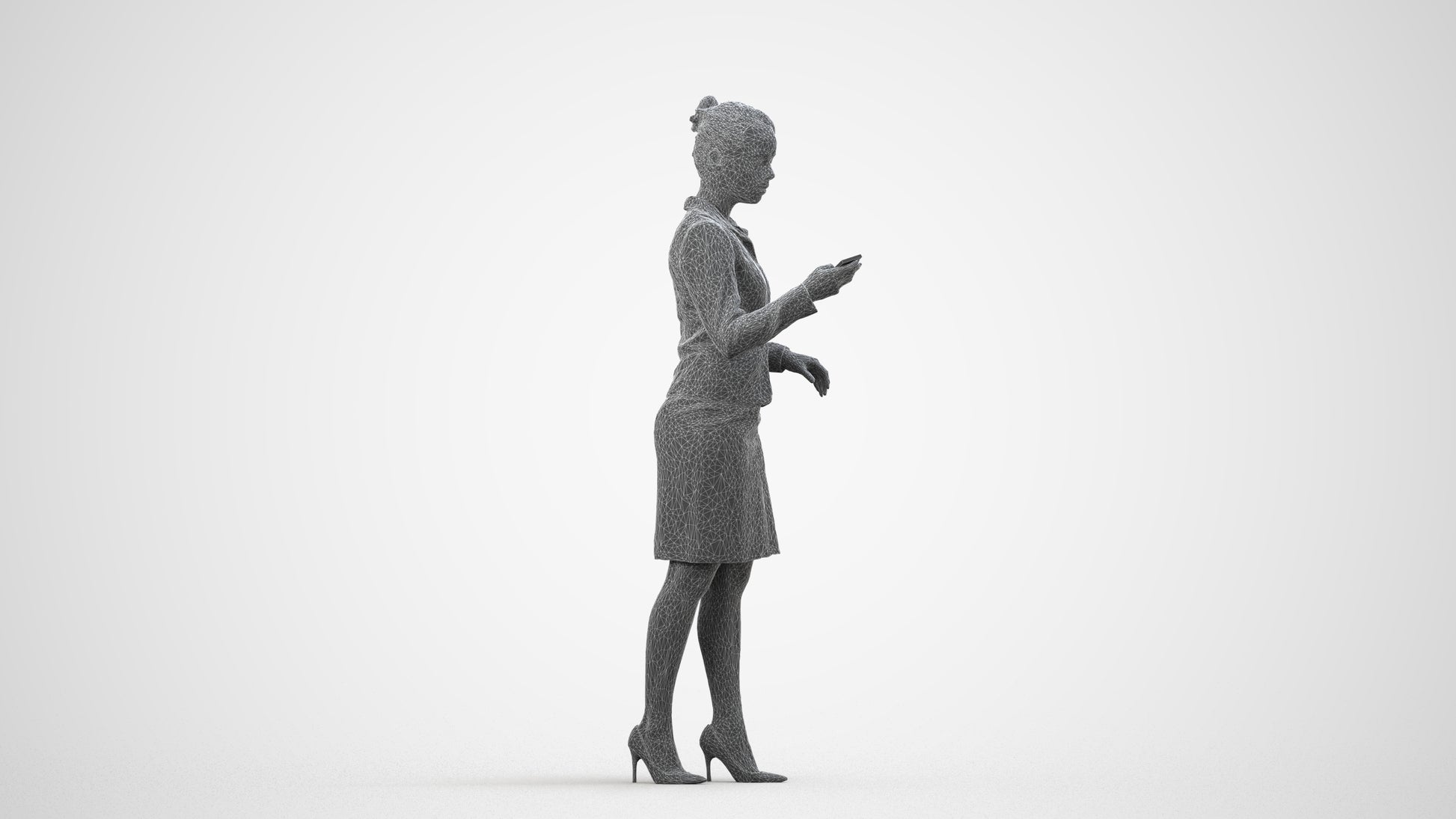realistic 3D people woman business standing, render-ready for V-Ray and Corona, FBX OBJ, wireframe side view