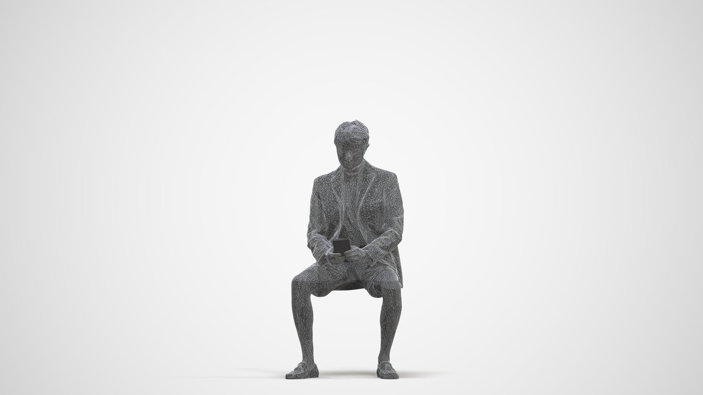 3D scanned man sitting business, photorealistic archviz people for Enscape and SketchUp, three-quarter front view render