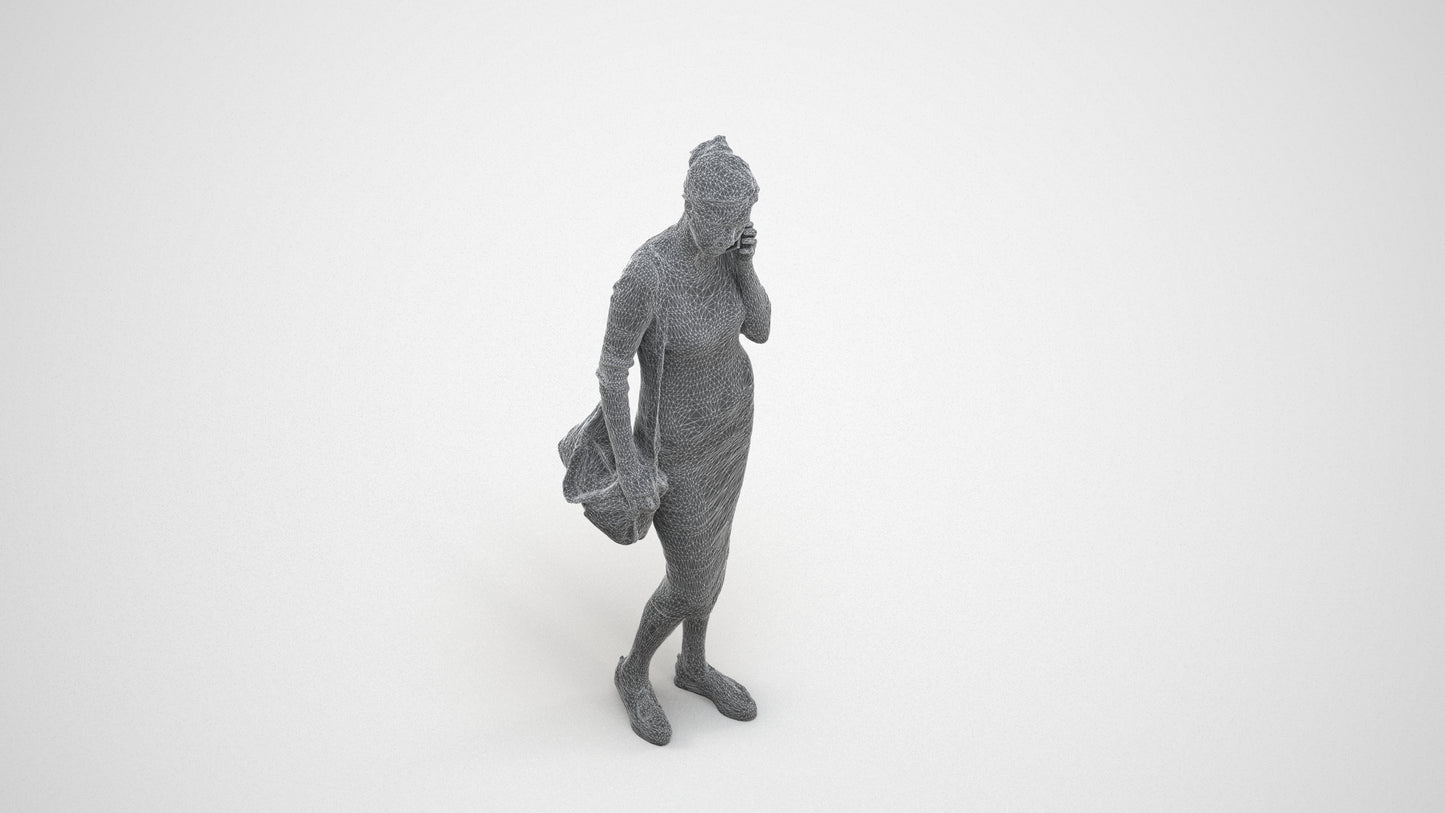 photogrammetry 3D woman casual walking, realistic human model archviz FBX, wireframe three-quarter view