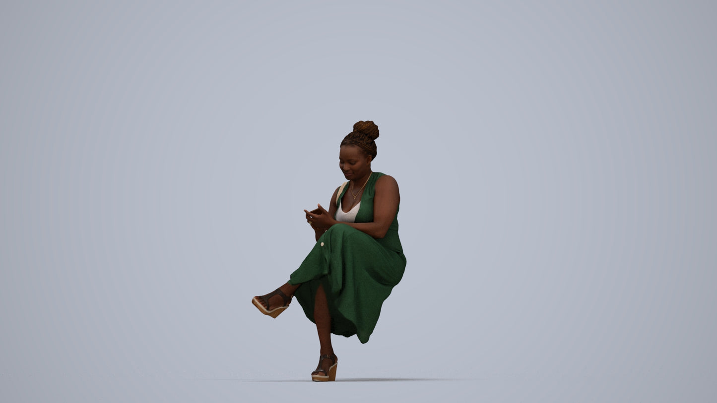 realistic 3D woman casual sitting, scanned archviz people for Blender and 3ds Max, top-down view render