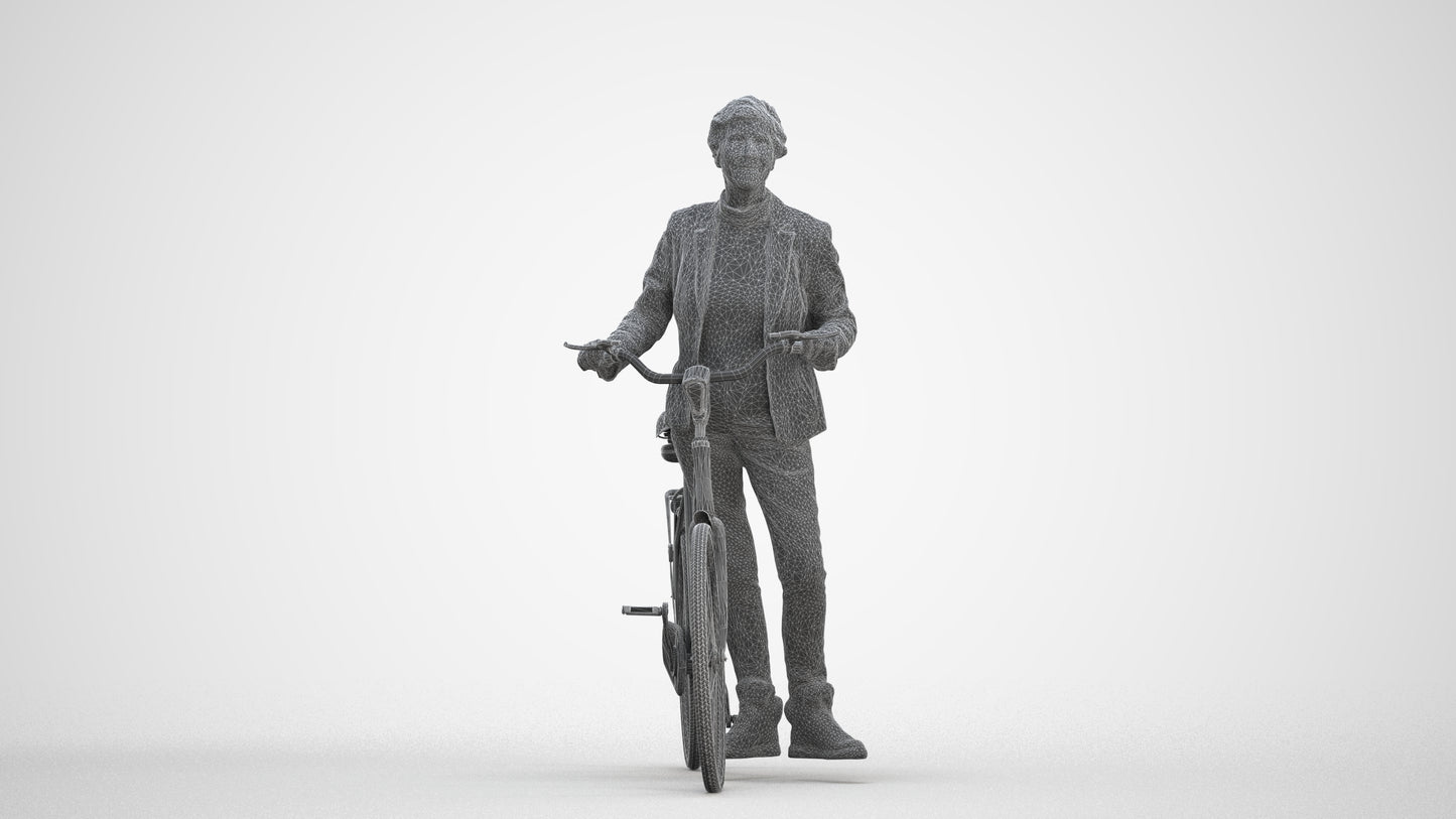3D human model senior woman business cycling, photogrammetry scanned person for archviz, three-quarter front view render