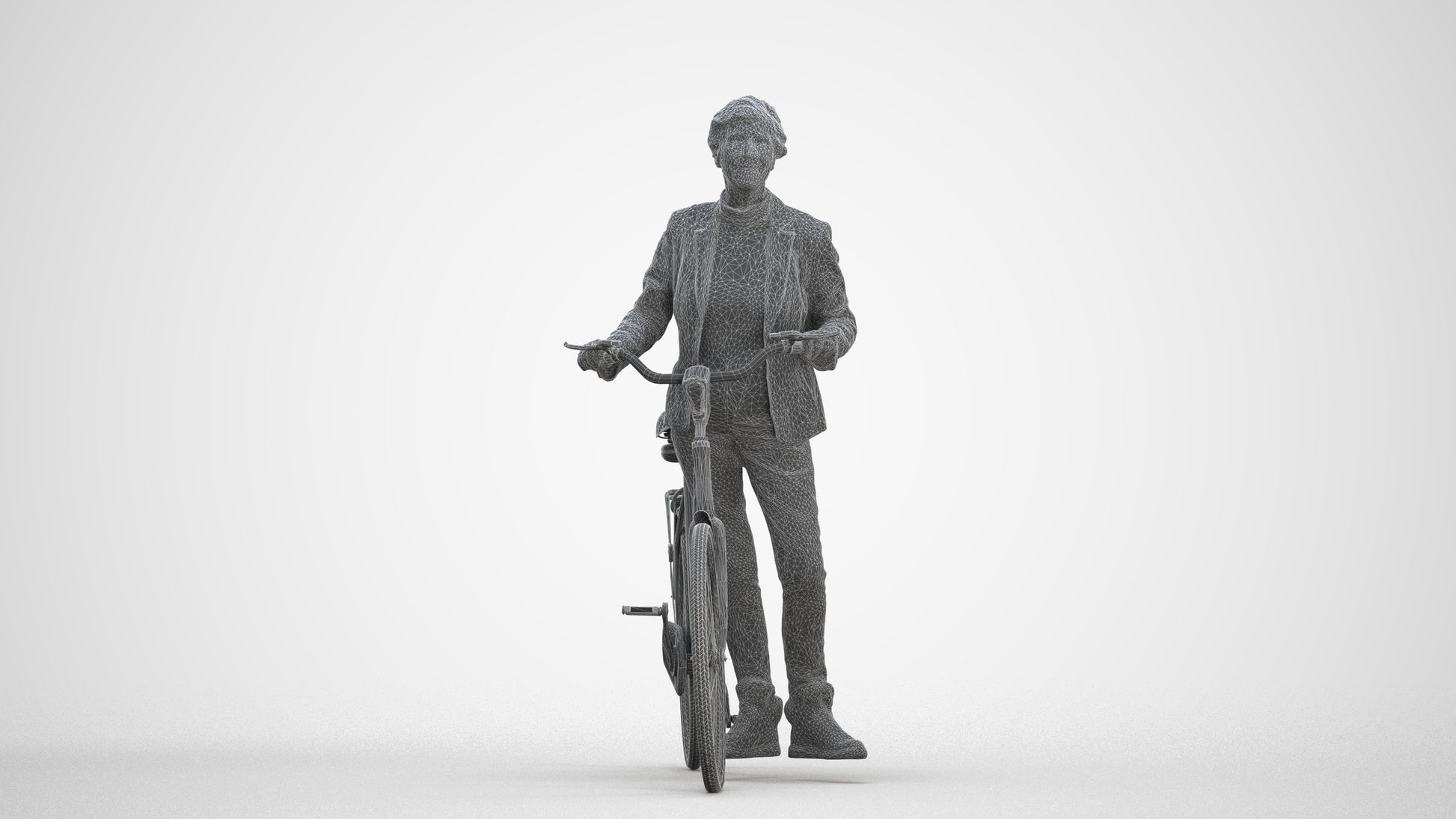 3D human model senior woman business cycling, photogrammetry scanned person for archviz, three-quarter front view render