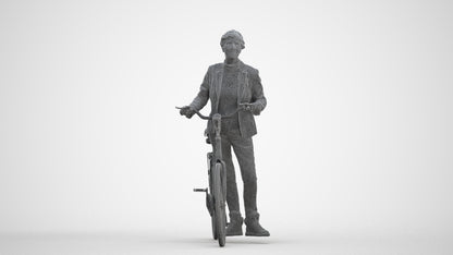 3D human model senior woman business cycling, photogrammetry scanned person for archviz, three-quarter front view render