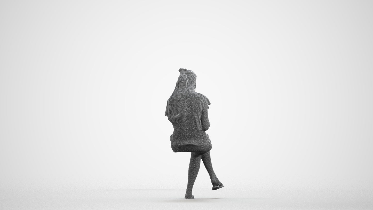 3D human model woman casual sitting, photogrammetry scanned person for archviz, wireframe front view