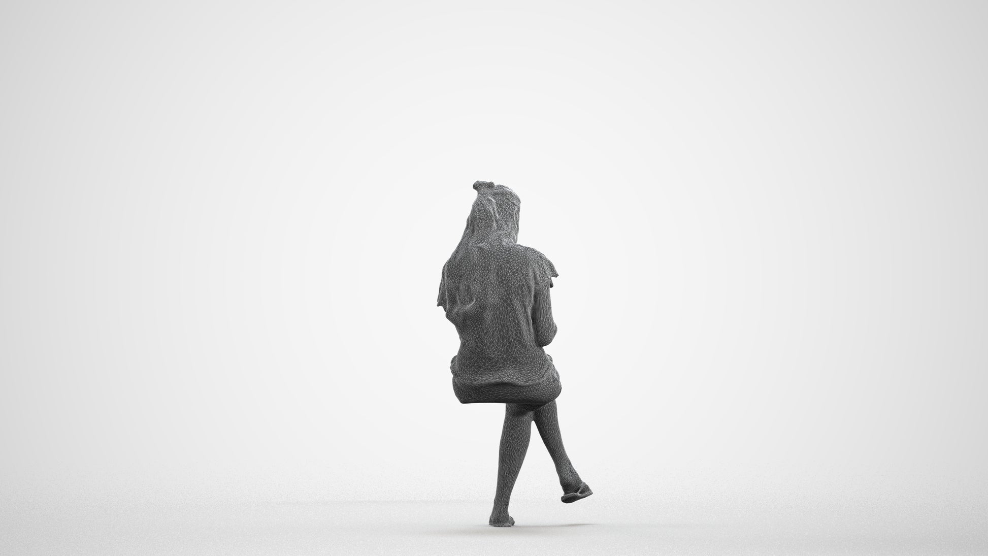 3D human model woman casual sitting, photogrammetry scanned person for archviz, wireframe front view