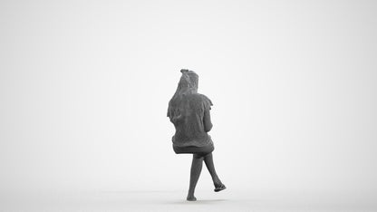3D human model woman casual sitting, photogrammetry scanned person for archviz, wireframe front view