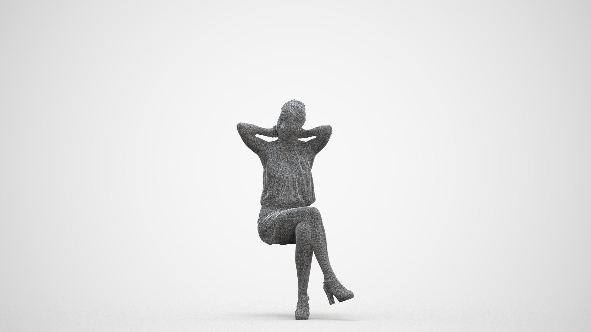 realistic 3D woman casual sitting, scanned archviz people for Blender and 3ds Max, three-quarter front view render
