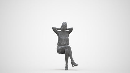 realistic 3D woman casual sitting, scanned archviz people for Blender and 3ds Max, three-quarter front view render