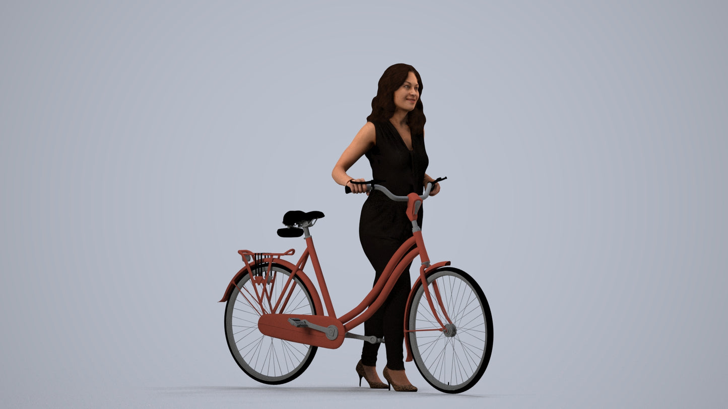realistic 3D human woman casual cycling, archviz people FBX OBJ for Blender, side view render