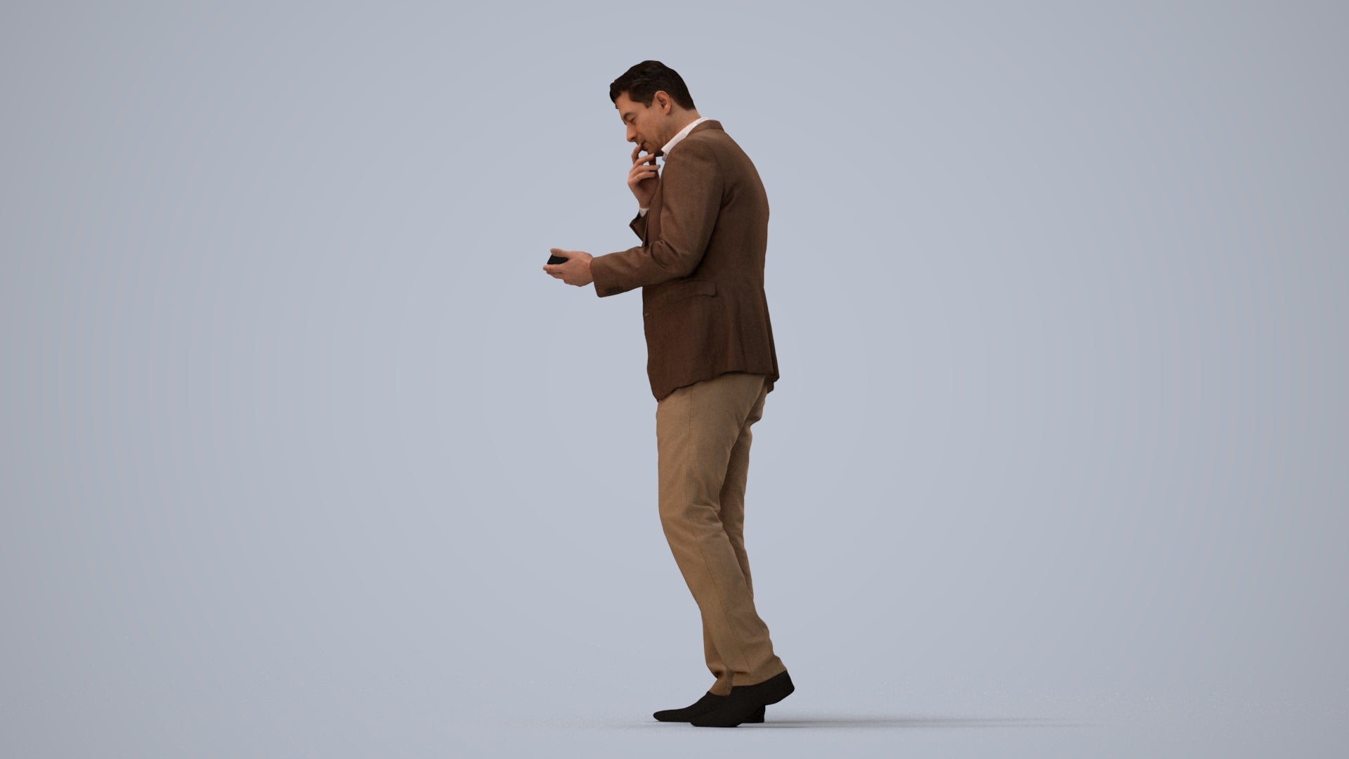 3D people model man business walking, scanned human for 3ds Max rendering, three-quarter view render