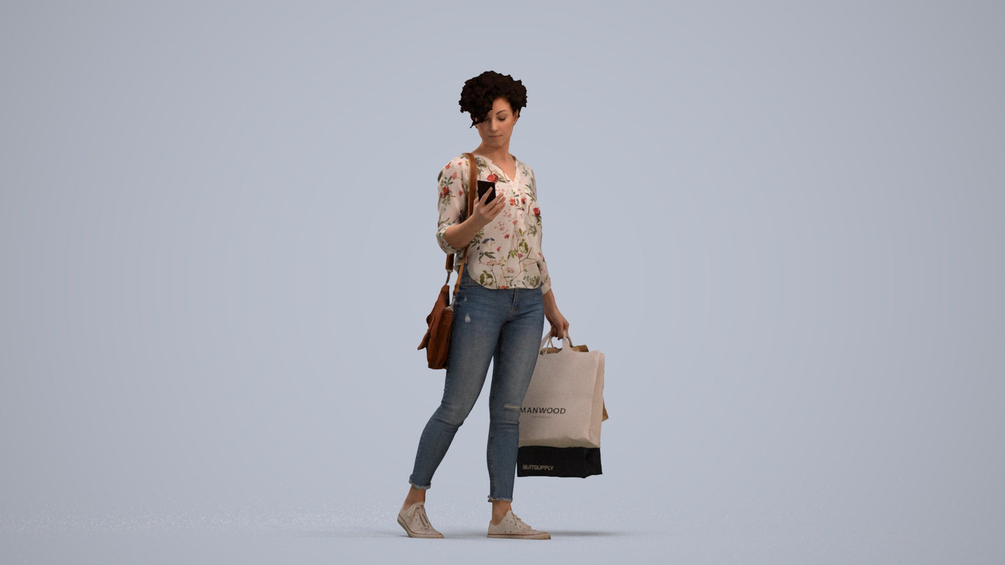 3D human model woman casual standing, photogrammetry scanned person for archviz, standing pose render