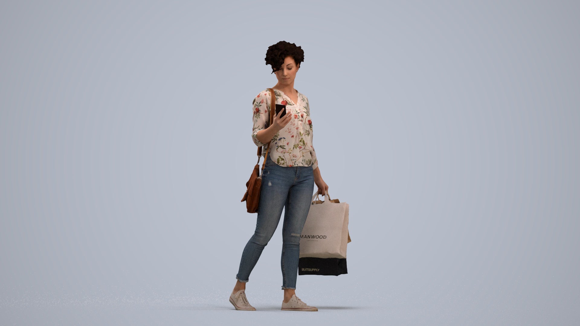 3D human model woman casual standing, photogrammetry scanned person for archviz, standing pose render