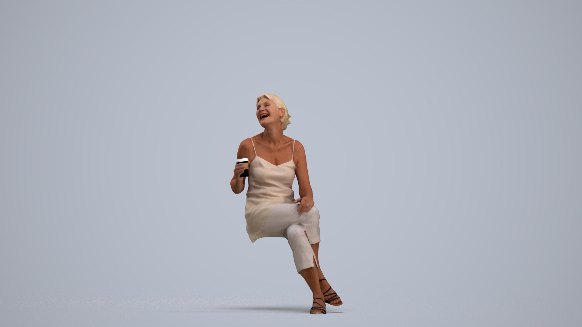 realistic 3D senior woman casual sitting, scanned archviz people for Blender and 3ds Max, standing pose render