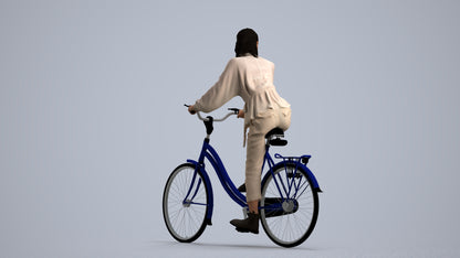 3D human model woman casual cycling, photogrammetry scanned person for archviz, front view render