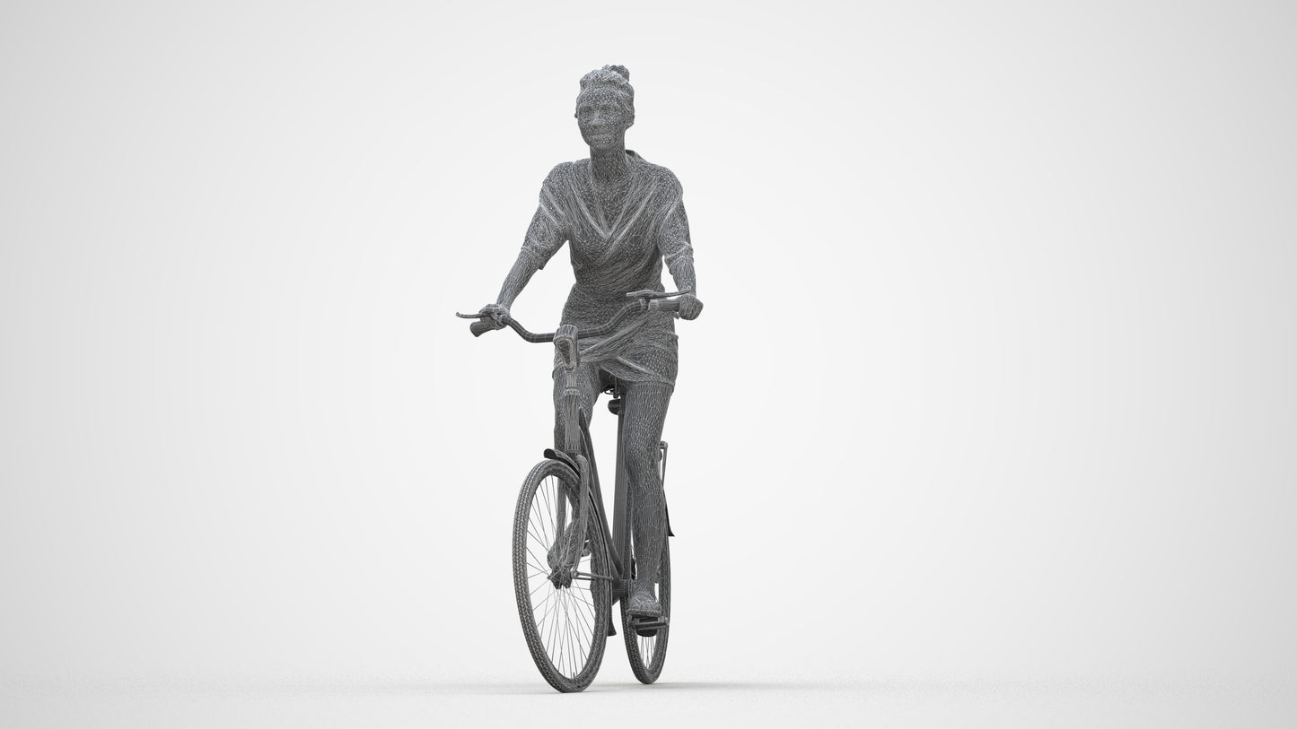 realistic 3D human woman casual cycling, archviz people FBX OBJ for Blender, wireframe back view