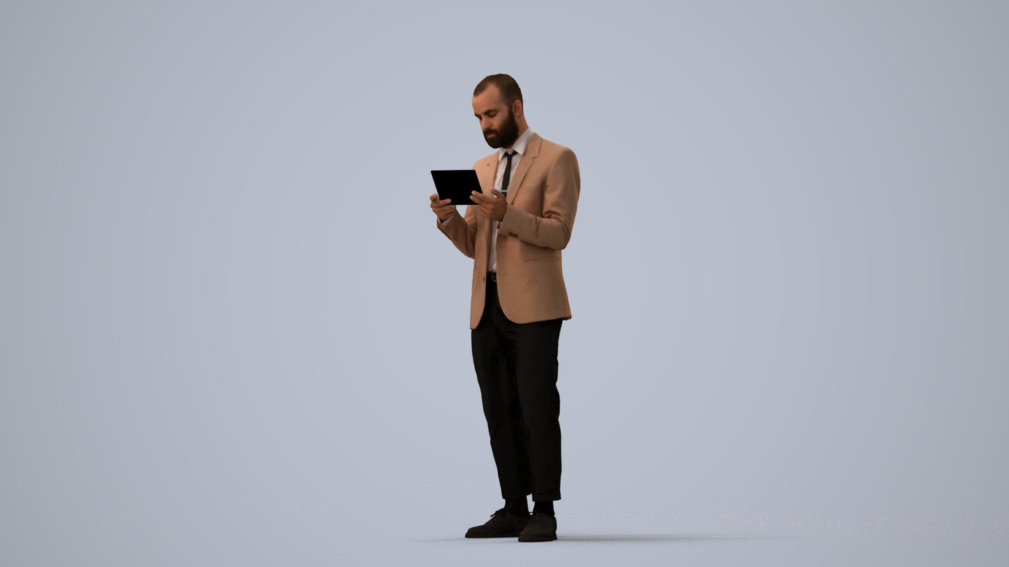 realistic 3D man business standing, scanned archviz people for Blender and 3ds Max, three-quarter view render