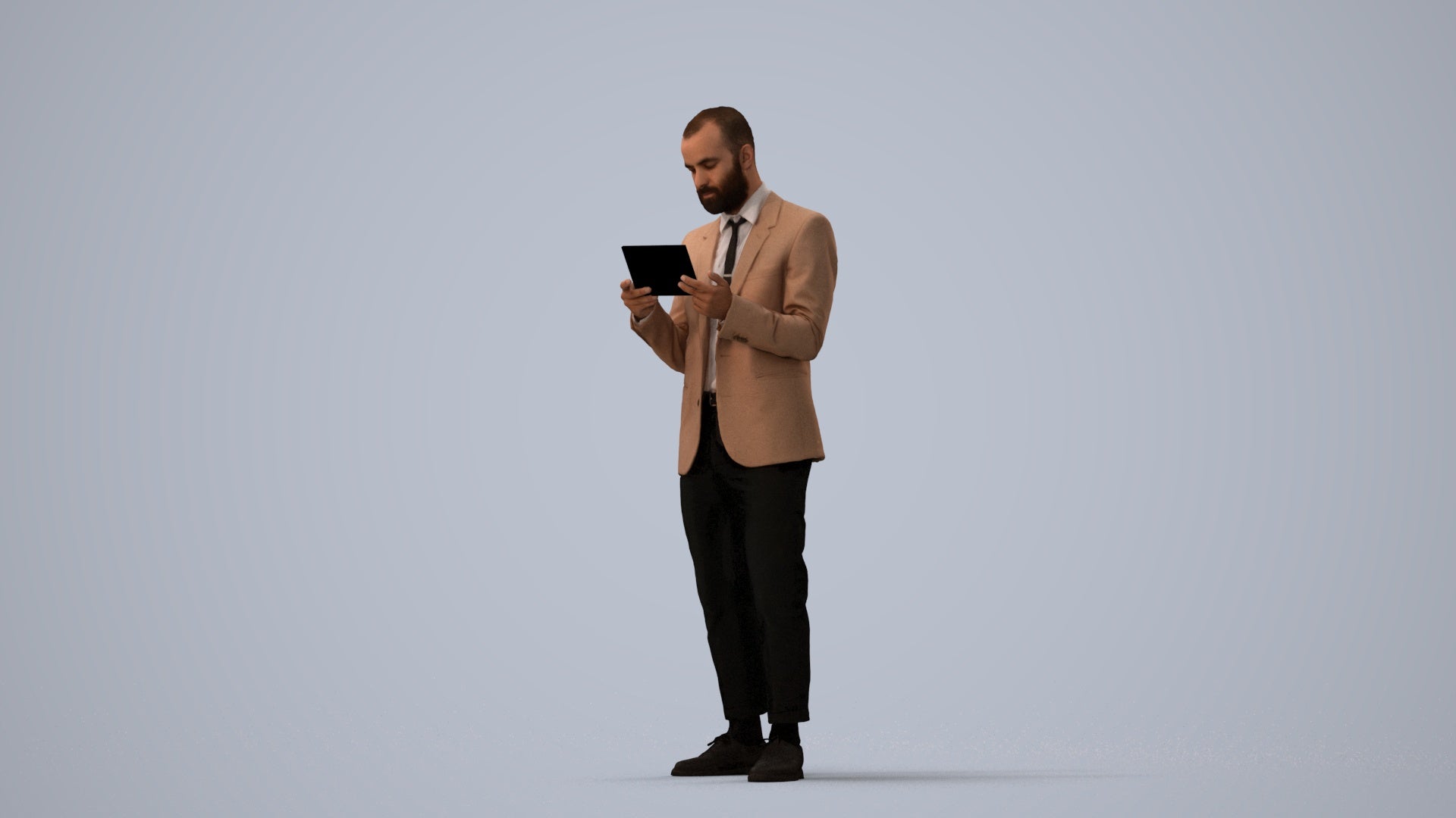 realistic 3D man business standing, scanned archviz people for Blender and 3ds Max, three-quarter view render