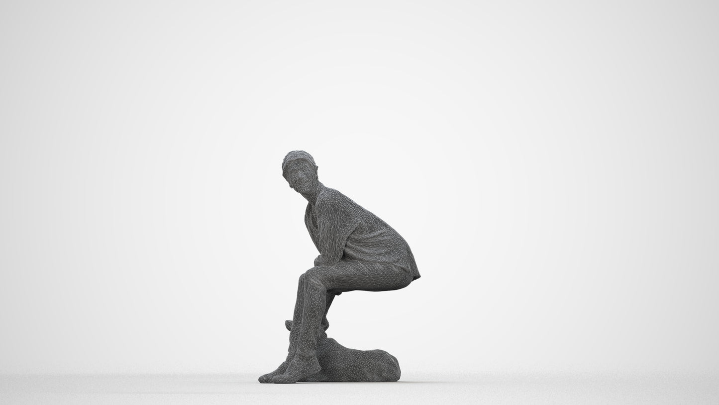 3D people model man casual sitting, scanned human for 3ds Max rendering, wireframe back view