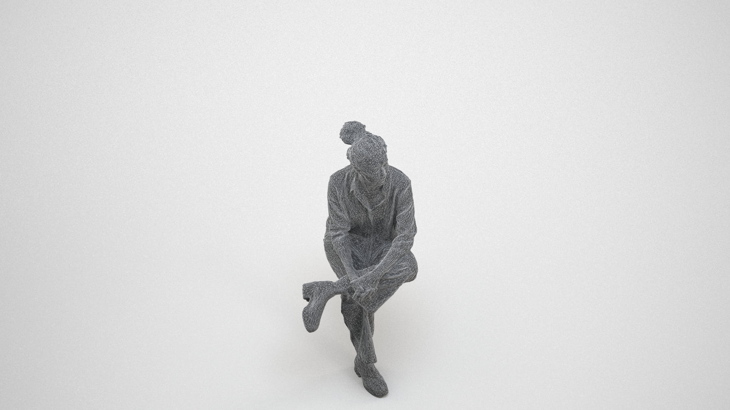 realistic 3D human woman casual sitting, archviz people FBX OBJ for Blender, wireframe three-quarter view