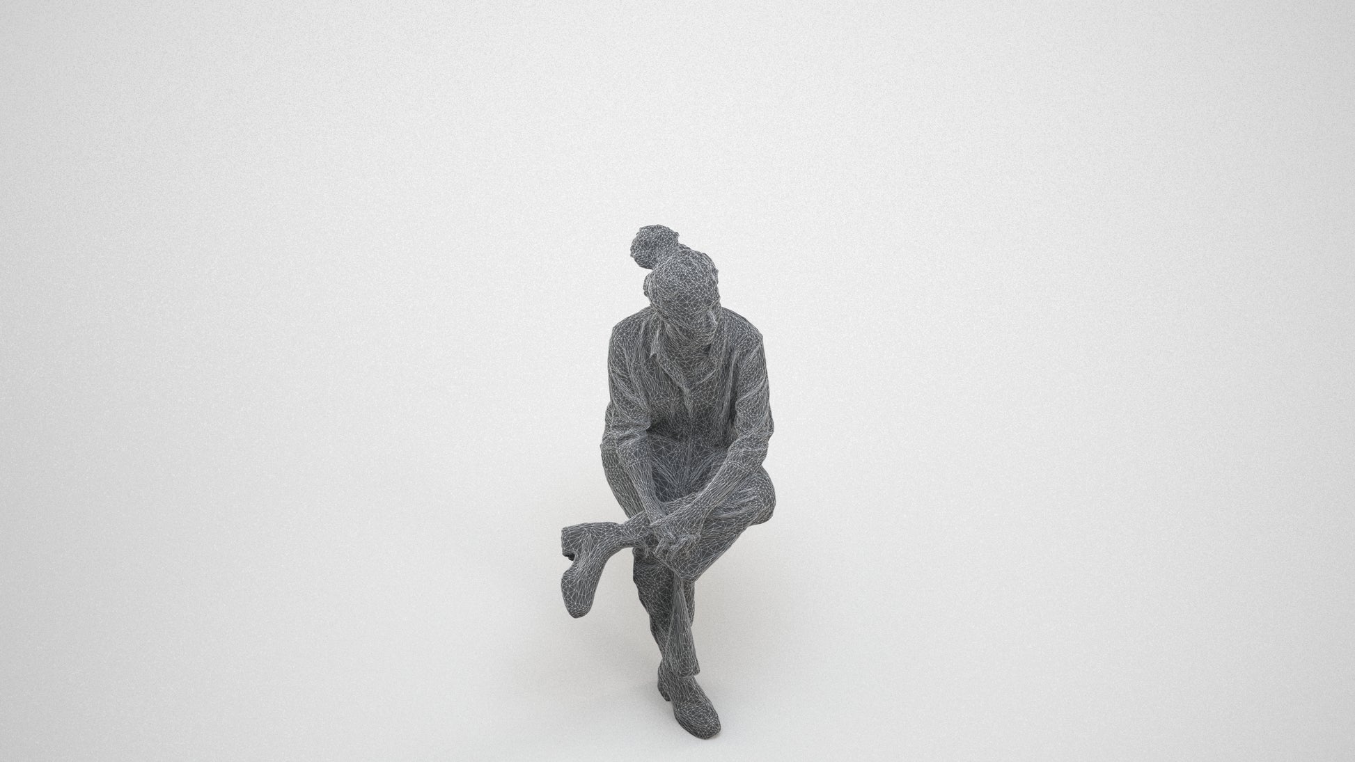 realistic 3D human woman casual sitting, archviz people FBX OBJ for Blender, wireframe three-quarter view