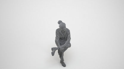 realistic 3D human woman casual sitting, archviz people FBX OBJ for Blender, wireframe three-quarter view