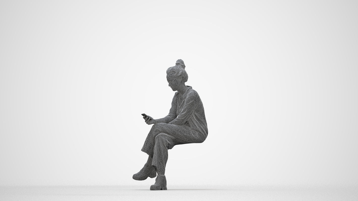 photogrammetry 3D woman casual sitting, realistic human model archviz FBX, wireframe back view