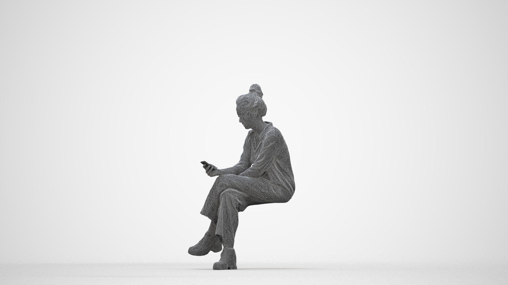 photogrammetry 3D woman casual sitting, realistic human model archviz FBX, wireframe back view