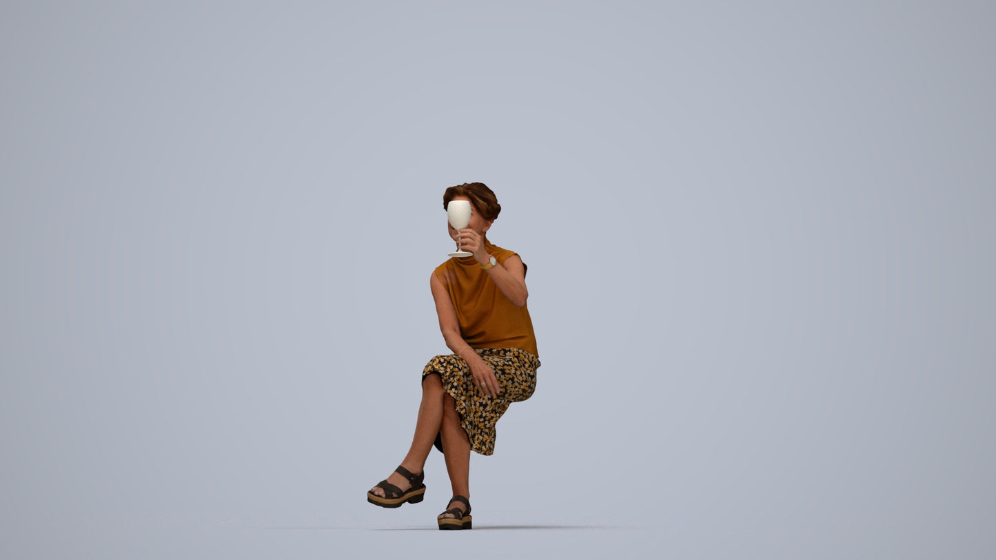 3D scanned woman sitting casual, photorealistic archviz people for Enscape and SketchUp, top-down view render