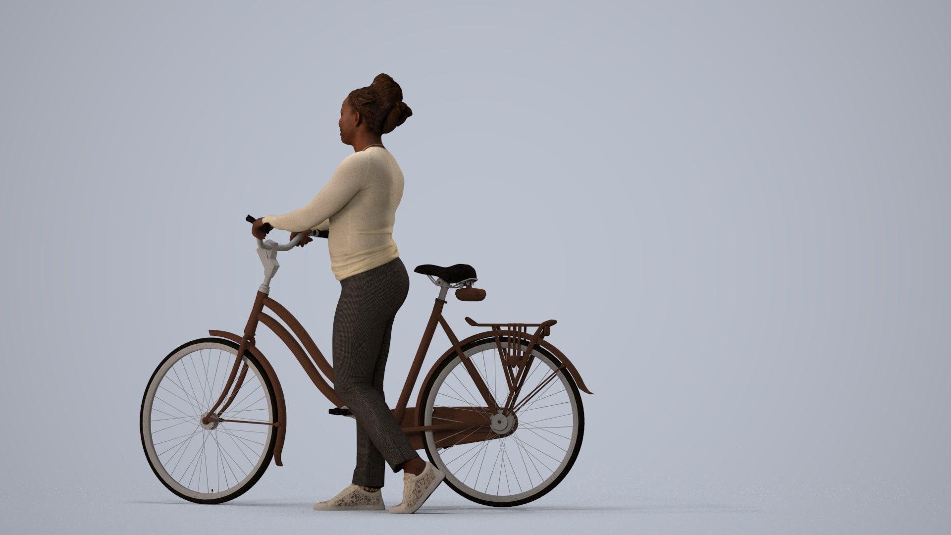 realistic 3D woman casual cycling, scanned archviz people for Blender and 3ds Max, three-quarter view render