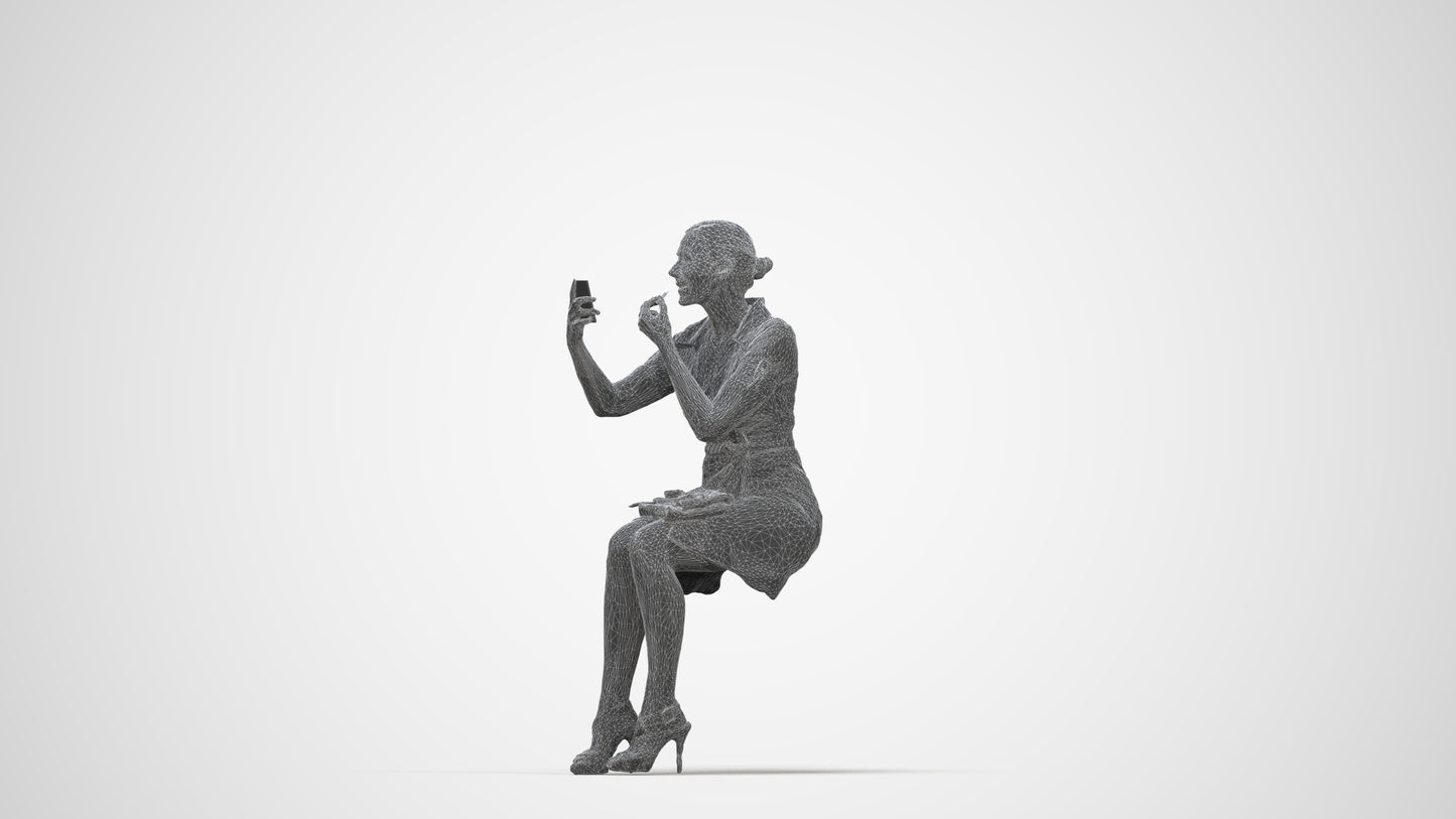 3D human model woman casual sitting, photogrammetry scanned person for archviz, wireframe back view