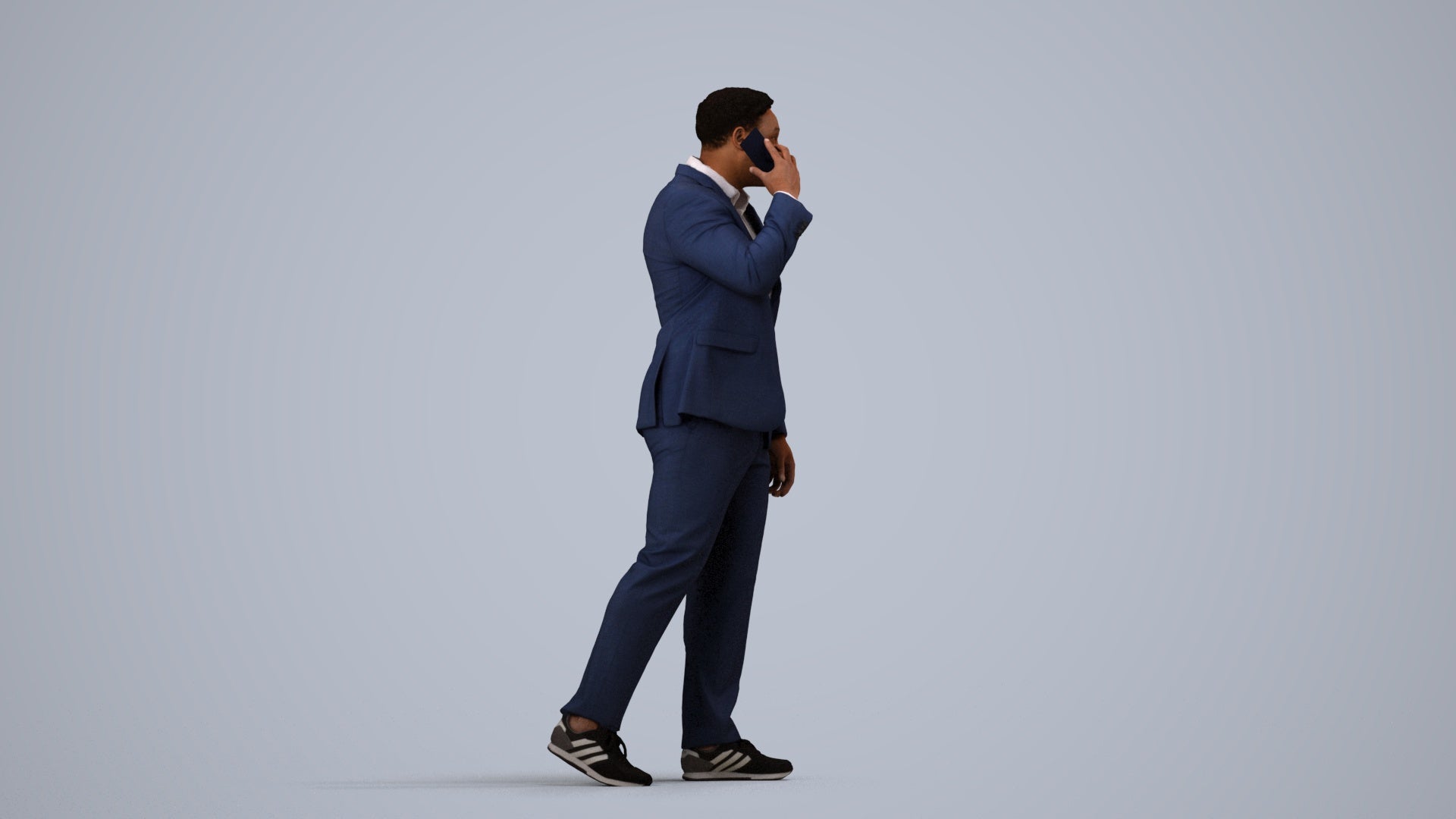 realistic 3D man business standing, scanned archviz people for Blender and 3ds Max, side view render