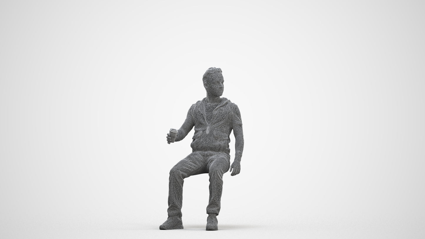 realistic 3D human man casual sitting, archviz people FBX OBJ for Blender, three-quarter front view render