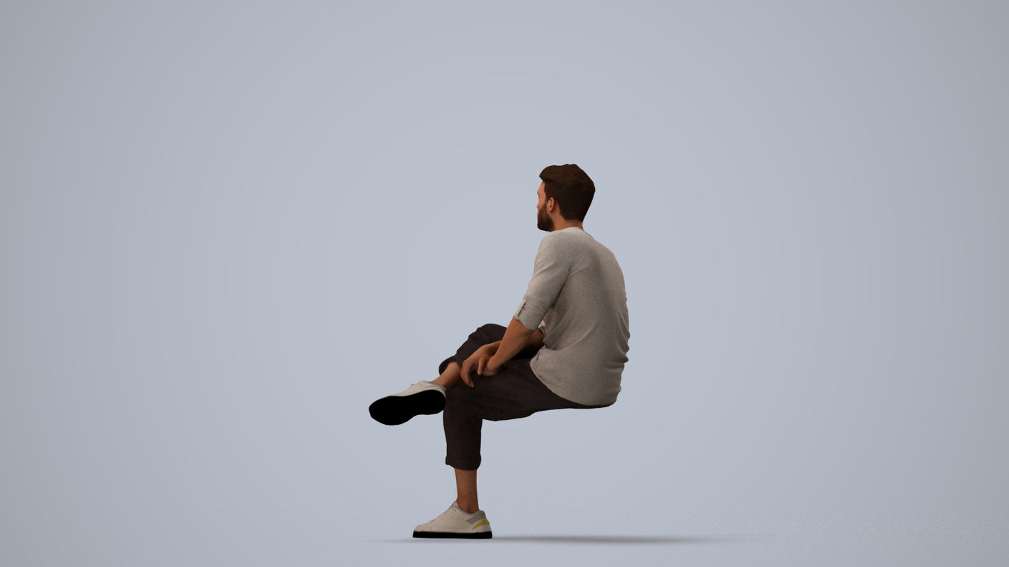3D people model man casual sitting, scanned human for 3ds Max rendering, three-quarter view render