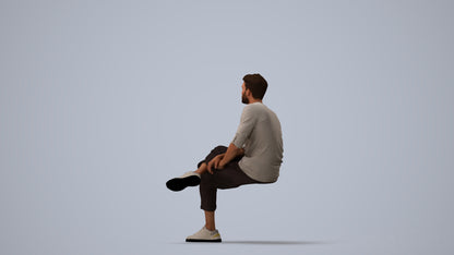 3D people model man casual sitting, scanned human for 3ds Max rendering, three-quarter view render