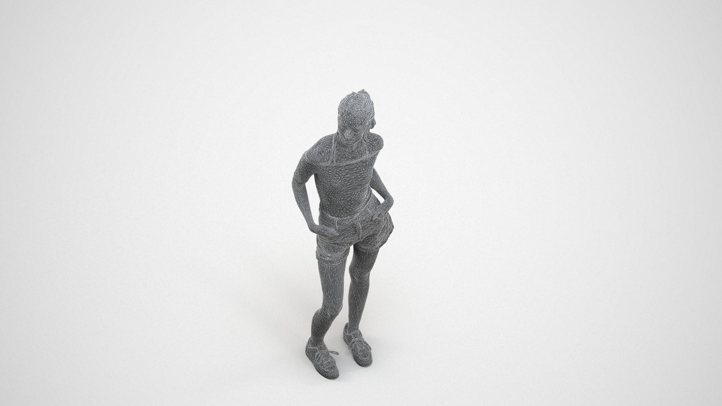 3D human model woman casual standing, photogrammetry scanned person for archviz, wireframe three-quarter view