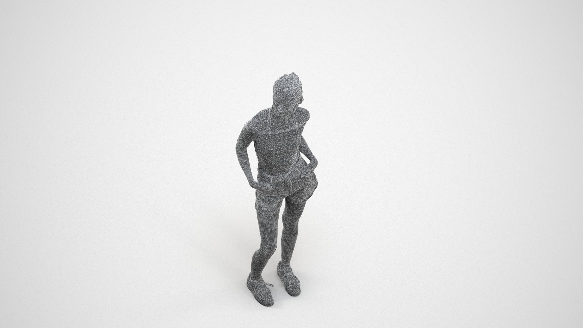3D human model woman casual standing, photogrammetry scanned person for archviz, wireframe three-quarter view