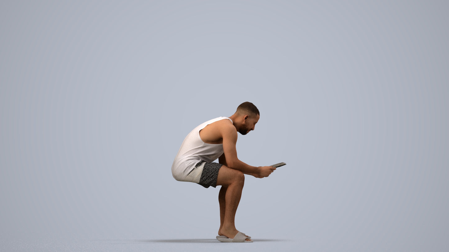 realistic 3D people man casual sitting, render-ready for V-Ray and Corona, FBX OBJ, side view render