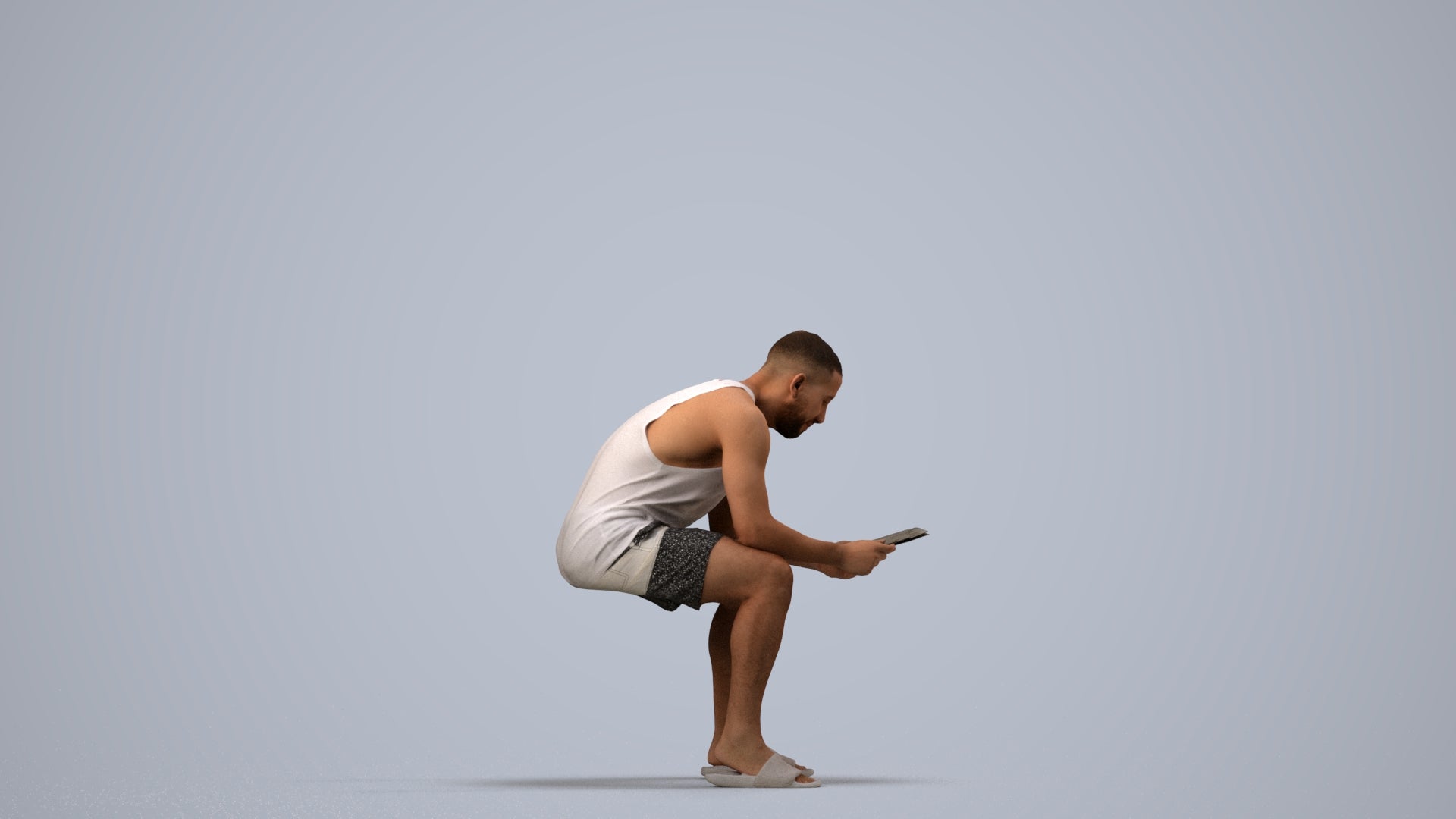 realistic 3D people man casual sitting, render-ready for V-Ray and Corona, FBX OBJ, side view render